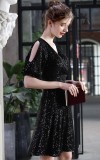 Elegant Black Sequins Surplice Neck Hollow Out Short Sleeve Party Dress