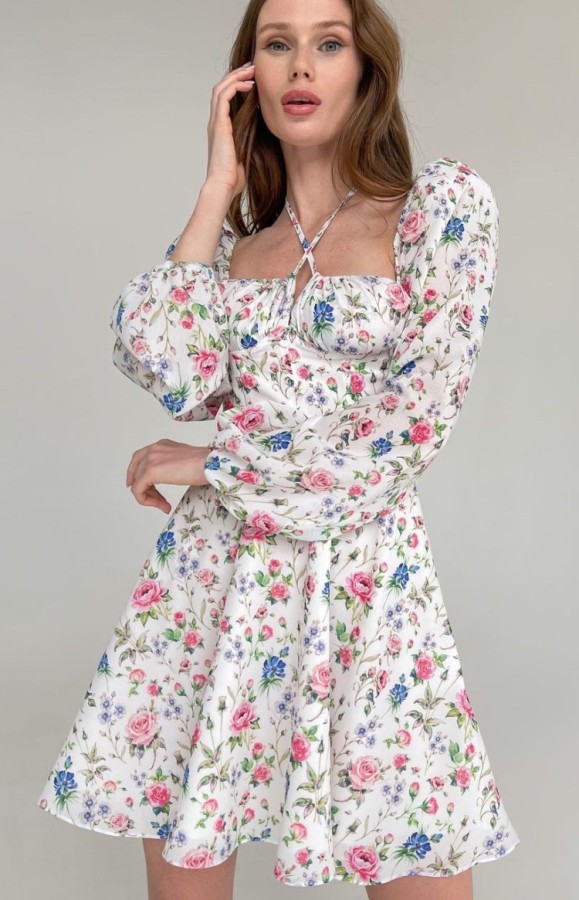 Autumn Flower Print Sweetheart Halter Neck A-line Dress wiht Bubble Long Sleeve