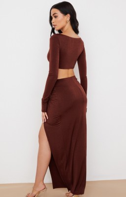 Autumn Sexy V Neck Long Sleeve Drawstring Crop Top and Folded Split Maxi Skirt Set