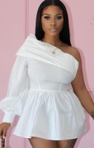 Summer Sexy white one long sleeve Oblique collar off shoulder min dress