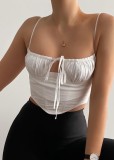 Summer Sexy White Folded Lace Up Strap Corp Top