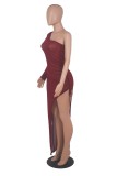 Summer Sexy red one shoulder see through Slit Long Dress