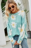Autumn Flower Print Blue Round Neck Long Sleeve Knitted Top