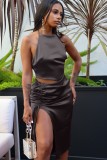 Summer sexy black Halter Top and drawstring side slit skirt matching set