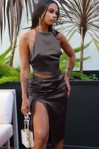 Summer sexy black Halter Top and drawstring side slit skirt matching set