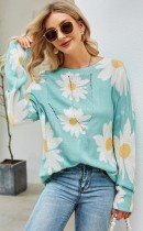 Autumn Flower Print Blue Round Neck Long Sleeve Knitted Top