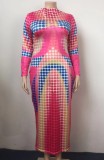 Plus Size Autumn Loose Colorful Printed Long Sleeve Maxi Dress