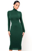 Autumn Elegant Green High Neck Long Sleeve Midi Dress