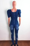 Summer Blue Hollow Out Square Neck Short Sleeve Ripped Denim Jumpsuit