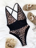 Summer Sexy Brown Leopard Patchwork Deep V Neck One Piece Swimsuit