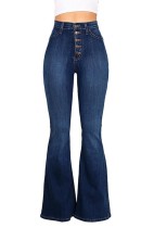 Autumn Dark Blue High Waist Button Flare Jeans