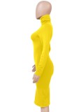 Autumn Elegant Yellow High Neck Long Sleeve Midi Dress