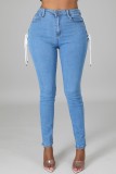 Autumn Sexy Blue Lace Up High Waist Skinny Jeans