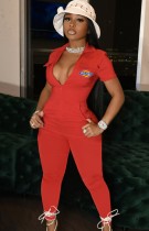 Summer Red Short Sleeve Fitted Coverall Jumpsuit
