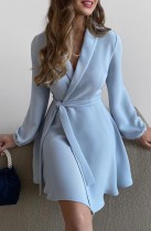 Autumn Elegant Blue Tailored collar with Blet Midi dress