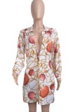 Autumn Casual Print with Open Button Collar Long Shirt dress