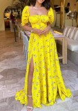Summer Elegant Yellow print Square-cut collar Slit Long dress