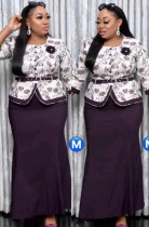 Autumn Plus Size Mother of Bride Print Top and Long Dress Set
