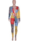 Summer Casual Retro Print Cut out with Drawstring Jumpsuit