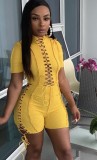 Summer Causal Yellow Cut out cord line with zipper Rompers
