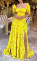 Summer Elegant Yellow print Square-cut collar Slit Long dress