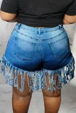 Summer Plus Size Blue Black Tassels Denim Shorts