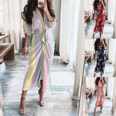 Autumn Colorful Stripe Formal Ruched Long Dress