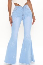 Summer Causal Blue Butterfly Patched bell-bottomed Jeans