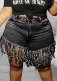 Summer Plus Size Casual Black Tassels Denim Shorts