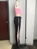 Summer Sexy Pink Tight Solid Crop Top and Slit Contrast Piping Pant Set