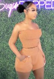 Summer Sexy Orange Folded Strapless Crop Top and Matching Shorts Set