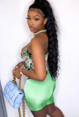 Summer Sexy Green Printed Fitted Strapless Top and Matching Shorts Set