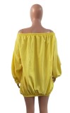 Autumn Yellow Off Shoulder Loose Mini Casual Dress with Puff Sleeve