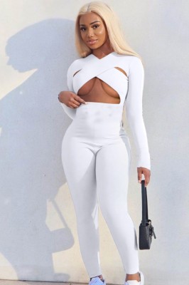 Autumn Sexy White Cross Neck Long Sleeve Fitted Jumpsuit