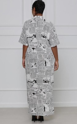 Summer Casual White Newspaper Printed Short Sleeve Loose Long Dress