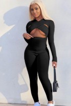 Autumn Sexy Black Cross Neck Long Sleeve Fitted Jumpsuit