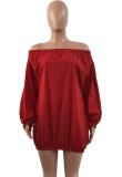 Autumn Red Off Shoulder Loose Mini Casual Dress with Puff Sleeve