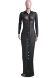 Autumn Casaul Black Open-Button Long Sleeve Turndown Collar Long Dress