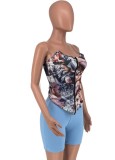 Summer Sexy Blue Printed Fitted Strapless Top and Matching Shorts Set