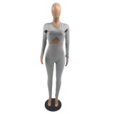 Autumn Sexy Gray Cross Neck Long Sleeve Fitted Jumpsuit