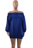 Autumn Blue Off Shoulder Loose Mini Casual Dress with Puff Sleeve