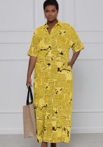 Summer Casual Yellow Newspaper Printed Short Sleeve Loose Long Dress