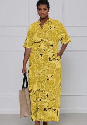 Summer Casual Yellow Newspaper Printed Short Sleeve Loose Long Dress