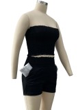 Summer Sexy Black Folded Strapless Crop Top and Matching Shorts Set