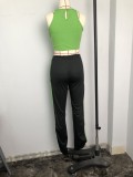 Summer Sexy Green Tight Solid Crop Top and Slit Contrast Piping Pant Set