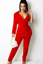 Autumn Casaul Red One long Sleeve With Chain Straps Blazer and Pant Set