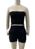 Summer Sexy Black Folded Strapless Crop Top and Matching Shorts Set