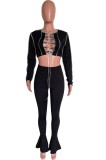 Autumn Casaul Black Hollow Out Bandage Long sleeve Top and Pant Set