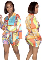 Summer Retro Floral Knotted Long Sleeve Shirt and Matching Shorts Set