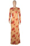 Autumn Casaul Flower Print Long Sleeve Maxi Dress